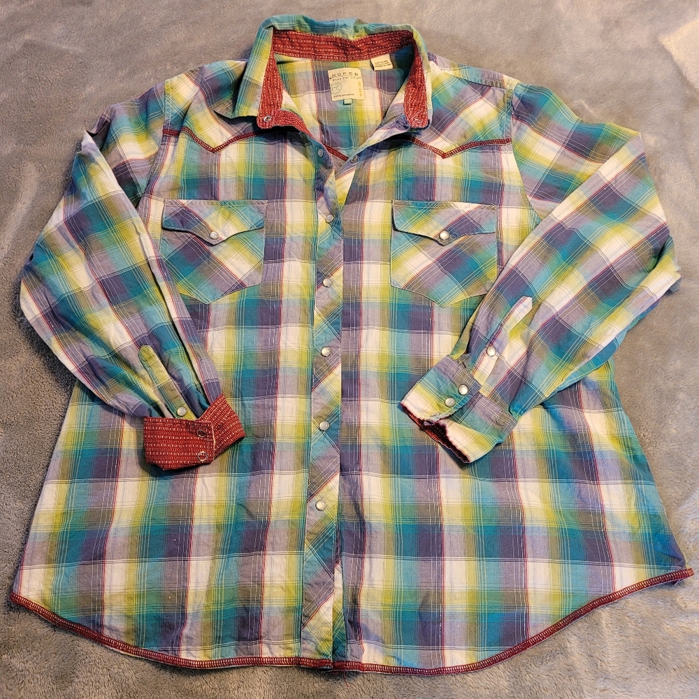 Roper Metallic Womens 1X Pearl Snap Long Sleeve Purple Green Plaid Western Shirt